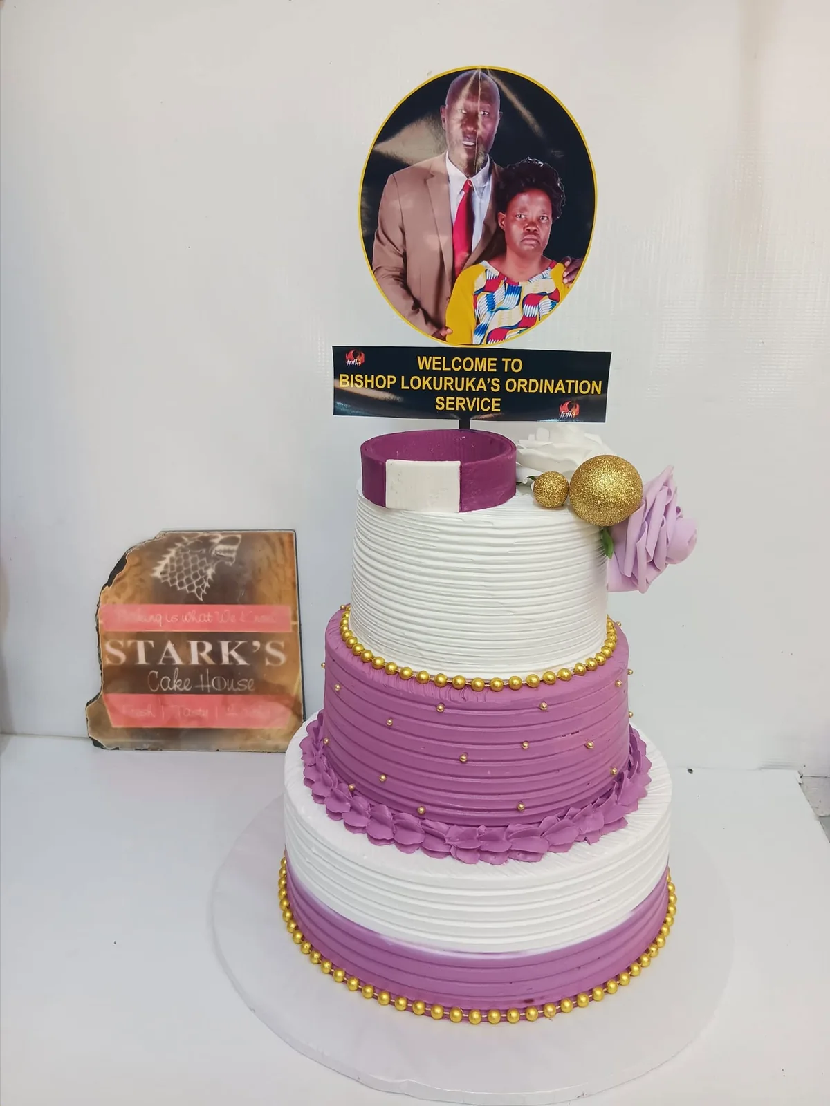 Three tier ordination celebration cake by Stark’s Cake House in Turkana